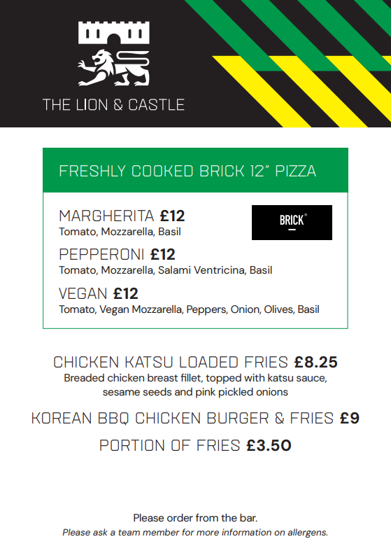 The Lion & Castle Menu Nov 2025